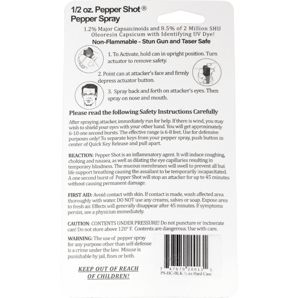 Pepper Shot 1.2% MC 1/2 oz pepper spray hard case belt clip and quick release keychain black view 2